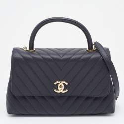 Pre Owned Chanel Black Chevron Caviar Leather Medium Coco Top Handle Bag