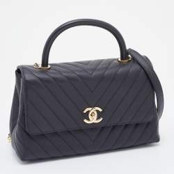 Pre Owned Chanel Black Chevron Caviar Leather Medium Coco Top Handle Bag