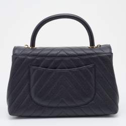 Pre Owned Chanel Black Chevron Caviar Leather Medium Coco Top Handle Bag