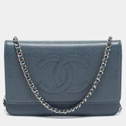 Chanel Blue Quilted Caviar Leather CC Timeless Wallet On Chain Chanel