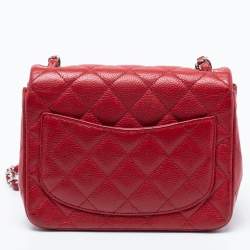 Pre Owned Chanel Red Quilted Caviar Leather Mini Square Classic Flap Bag