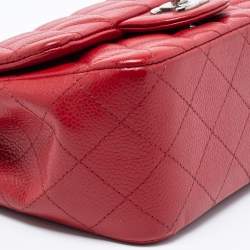 Pre Owned Chanel Red Quilted Caviar Leather Mini Square Classic Flap Bag
