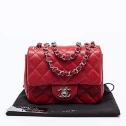 Pre Owned Chanel Red Quilted Caviar Leather Mini Square Classic Flap Bag
