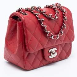 Pre Owned Chanel Red Quilted Caviar Leather Mini Square Classic Flap Bag