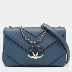Pre Owned Chanel Blue Caviar Leather Chevron Flap Bag