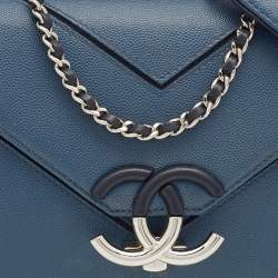 Pre Owned Chanel Blue Caviar Leather Chevron Flap Bag