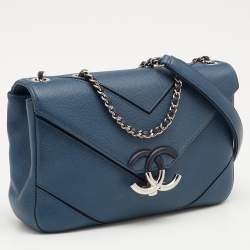 Pre Owned Chanel Blue Caviar Leather Chevron Flap Bag