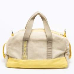Pre Owned Chanel Beige/Yellow Canvas Weekend Boston Bag