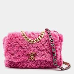 CHANEL Shearling Tweed Quilted Mini Square Flap Bag Pink 1056646