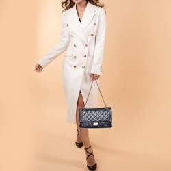 Pre Owned Chanel Navy Blue Quilted Crinkled Leather Reissue 2.55 Classic 227 Double Flap Bag
