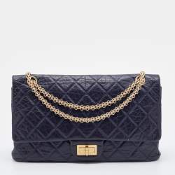 Pre Owned Chanel Navy Blue Quilted Crinkled Leather Reissue 2.55 Classic 227 Double Flap Bag