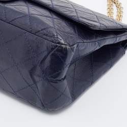 Pre Owned Chanel Navy Blue Quilted Crinkled Leather Reissue 2.55 Classic 227 Double Flap Bag