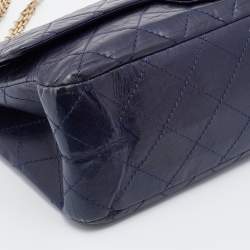 Pre Owned Chanel Navy Blue Quilted Crinkled Leather Reissue 2.55 Classic 227 Double Flap Bag