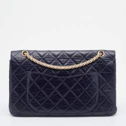 Pre Owned Chanel Navy Blue Quilted Crinkled Leather Reissue 2.55 Classic 227 Double Flap Bag