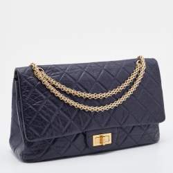 Pre Owned Chanel Navy Blue Quilted Crinkled Leather Reissue 2.55 Classic 227 Double Flap Bag