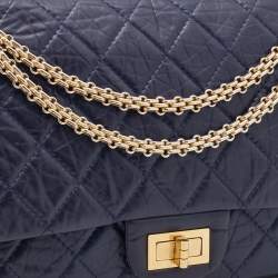 Pre Owned Chanel Navy Blue Quilted Crinkled Leather Reissue 2.55 Classic 227 Double Flap Bag