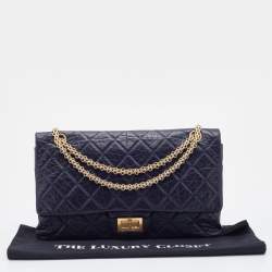 Pre Owned Chanel Navy Blue Quilted Crinkled Leather Reissue 2.55 Classic 227 Double Flap Bag