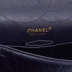 Pre Owned Chanel Navy Blue Quilted Crinkled Leather Reissue 2.55 Classic 227 Double Flap Bag