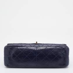 Pre Owned Chanel Navy Blue Quilted Crinkled Leather Reissue 2.55 Classic 227 Double Flap Bag