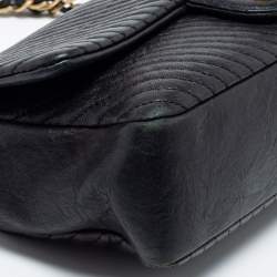 Pre Owned Chanel Black Surpique Chevron Leather Medium Flap Bag