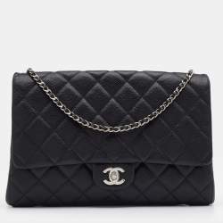 Pre Owned Chanel Black Quilted Caviar Leather Chain Flap Clutch Bag