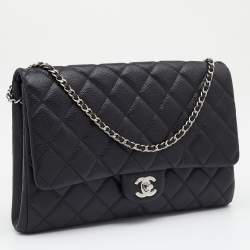 Pre Owned Chanel Black Quilted Caviar Leather Chain Flap Clutch Bag