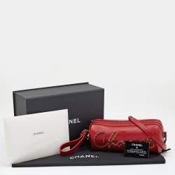 Pre Owned حقيبة بولينغ شانيل جلد حمراء شعار ماركة بسلسلة