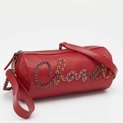 Pre Owned حقيبة بولينغ شانيل جلد حمراء شعار ماركة بسلسلة