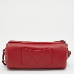 Pre Owned حقيبة بولينغ شانيل جلد حمراء شعار ماركة بسلسلة