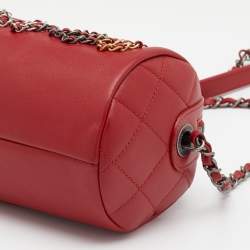 Pre Owned حقيبة بولينغ شانيل جلد حمراء شعار ماركة بسلسلة