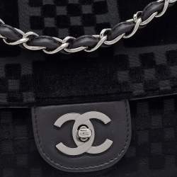 Pre Owned Chanel Black Check Embossed Velvet And Fabric CC Side Belted Flap Bag
