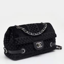 Pre Owned Chanel Black Check Embossed Velvet And Fabric CC Side Belted Flap Bag