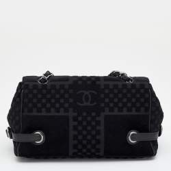 Pre Owned Chanel Black Check Embossed Velvet And Fabric CC Side Belted Flap Bag
