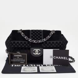 Pre Owned Chanel Black Check Embossed Velvet And Fabric CC Side Belted Flap Bag