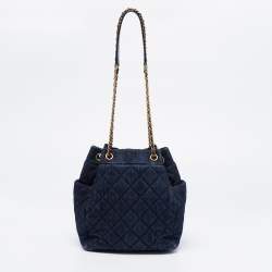 Pre Owned Chanel Blue Quilted CC Denim Drawstring Bucket Bag