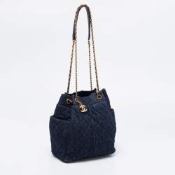 Pre Owned Chanel Blue Quilted CC Denim Drawstring Bucket Bag