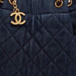 Pre Owned Chanel Blue Quilted CC Denim Drawstring Bucket Bag