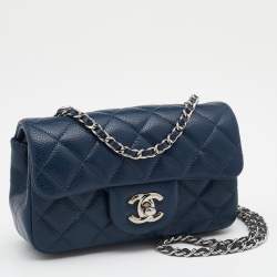 Pre Owned Chanel Blue Quilted Leather Extra Mini Classic Single Flap Bag