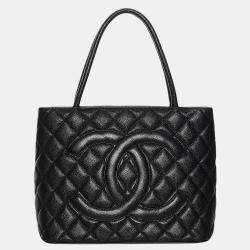 Pre Owned Chanel Black Medallion Caviar Leather Tote Bag