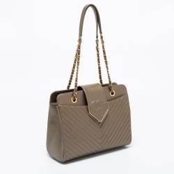Pre Owned Chanel Metallic Olive Green Chevron Quilted Leather Collar And Tie Shoulder Bag