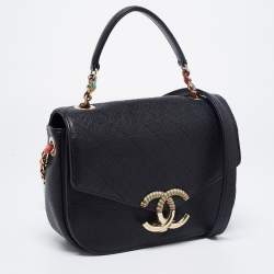 Pre Owned Chanel Black Quilted Caviar Leather Small Thread Around Flap Bag