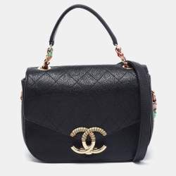 Pre Owned Chanel Black Quilted Caviar Leather Small Thread Around Flap Bag