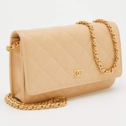 Chanel Beige Quilted Caviar Leather Classic Wallet on Chain