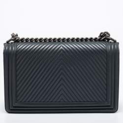 Pre Owned Chanel Dark Grey Chevron Leather Large Boy Shoulder Bag