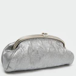 Chanel Metallic Grey Embroidered Leather Frame Clutch