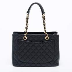 Pre Owned حقيبة غراند شوبنغ شانيل جلد كافيا أسود مبطن