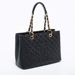 Pre Owned حقيبة غراند شوبنغ شانيل جلد كافيا أسود مبطن