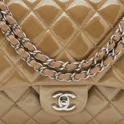 Pre Owned Chanel Olive Grey Quilted Patent Leather Accordion 3 Flap Bag