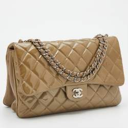 Pre Owned Chanel Olive Grey Quilted Patent Leather Accordion 3 Flap Bag