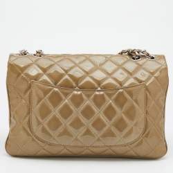 Pre Owned Chanel Olive Grey Quilted Patent Leather Accordion 3 Flap Bag